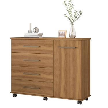 Imagem de Cômoda Sapateira P/ Roupas Quarto Casal/Solteiro 4 Gavetas 1 Porta 1 Prateleira Removível C/ Rodízios Flora