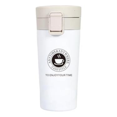 Imagem de Caneca de café de viagem isolada de aço inoxidável 304 elegante - caneca selada a vácuo, à prova de vazamento com filtro de chá embutido, tampa sem BPA e base antiderrapante (branca)