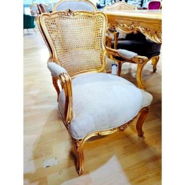 Imagem de Cadeira Braço Classico Europeu Palhinha Entalhe Dourada Luxo - LUXdéco