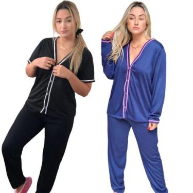 Imagem de Kit 2 Pijamas Femininos Aberto De Botões Inverno Manga Longa - PIJAMAS