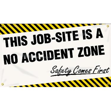 Imagem de Accuform MBR416 Faixa de segurança motivacional, legenda: "This Job-SITE is A NO Accident Zone - Safety Comes First", 71 cm de comprimento x 1,2 m de largura, vinil reforçado com ilhós de metal