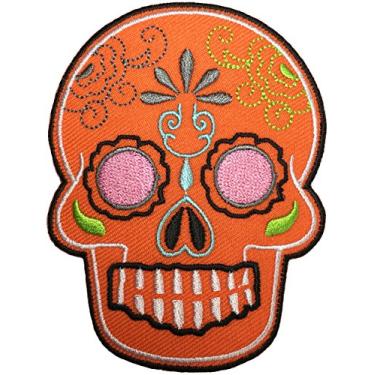 Imagem de Papapatch Tatuagem Mexicana de Caveira de Açúcar Cabeça Morta Motociclista DIY Bordado Aplique Costurado em Ferro no Patch - Laranja (MEXI-02-Laranja)