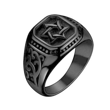 Imagem de Anel de estrela de Davi para homens - Anel de aço inoxidável com selo talismã Salomão Magen Judaico Hanukkah anel hexagrama de seis pontas Jerusalém preto proteção amuleto anéis SR0018, aço, Sem pedra