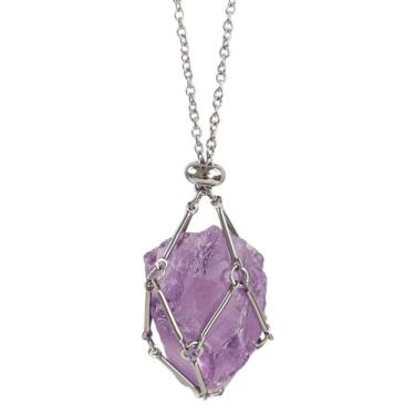 Imagem de FANASY Colar com suporte de cristal – Gaiola de aço inoxidável para pedras, colar com pingente de cristal com comprimento ajustável, joia de pedra preciosa natural para mulheres e homens, Gema, Ametista