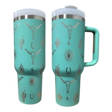 Imagem de Silva lining designing Garrafa de água de aço inoxidável 1,134 g copo Longhorn Bottle Bull tumbler presente de vaca copo ocidental garrafa de água ocidental (Mint-Longhorn)