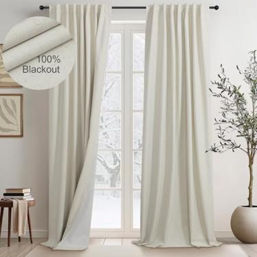 Imagem de Cortinas de linho bege texturizadas boho 100% blackout cortinas de serapilheira 213 cm de comprimento conjunto de 2 painéis cortina country com isolamento térmico para sala de estar quarto