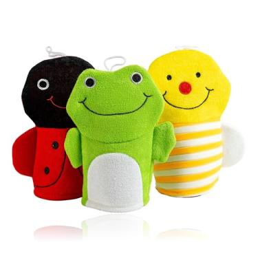 Imagem de Made Easy Kit Toalha de luva de banho de fantoche de mão com desenhos de animais com buchas para tempo de banho interativo divertido (vermelho, verde, amarelo (sem bucha))
