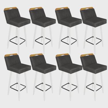 Imagem de Kit 08 Banqueta Alta c/ Encosto Lith Para Cozinha Bar Balcão Bistrô Pé Palito Branco Suede Cinza - Ahz Móveis