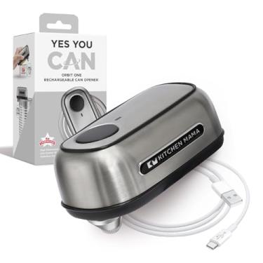 Imagem de Kitchen Mama Abridor de latas recarregável Orbit One de aço inoxidável: operação mãos-livres, carregamento USB-C, desligamento automático, corte de borda lisa, lâmina de nível profissional para latas