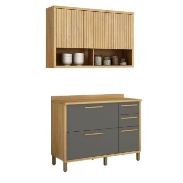 Imagem de Conjunto De Cozinha Balcão 3 Portas 2 Gavetas E Armário Aéreo 120cm 3 Portas Ripado Torino Cinamomo-grafite