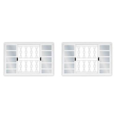 Imagem de Kit Com 2 Janelas De Aço De Correr 100x150cm 4 Folhas Com Grade Minas Sul Mgm Branco