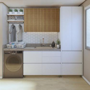 Imagem de Lavanderia Modulada Com Armário Aéreo, Armário Multiúso E Balcão 100% Mdf Rainha Branco/nature