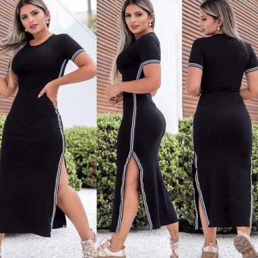 Imagem de vestido longo manga curta faixa na lateral malha canelada - Filó Modas