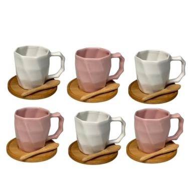 Imagem de Kit 6 Canecas de Cerâmica 120ml com Colheres e Pires de Bambu – Design Minimalista, Ideal para Café e Presentes - E-FCS Store (Branco/Rosa)