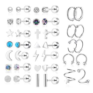 Imagem de Conjunto de brincos de aço inoxidável para mulheres e homens banhado a ouro 14K pequenos brincos de pino de tarraxa brincos de argola femininos masculinos hipoalergênicos zircônia cúbica brincos de cartilagem Rook Daith tragues lóbulo concha piercing de septo jóias, Zircônia cúbica Aço inoxidável Ti