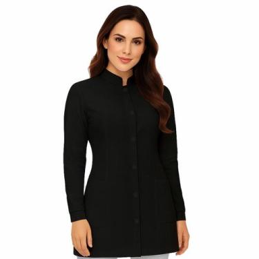 Imagem de Jaleco Feminino Acinturado Gola Padre Oxford branco preto!!! - Visual 