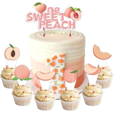 Imagem de JeVenis Decorações de 1º aniversário de pêssego, um doce bolo de pêssego, enfeite de cupcake para meninas, artigos de festa de primeiro aniversário