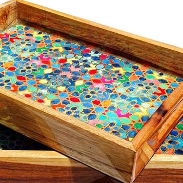 Imagem de Vetali Export Bandejas de madeira com alças, conjunto de 2 travessas retangulares de madeira de teca, bandejas decorativas de café da manhã para cama, mesa de centro, otomana, churrasco, jantar