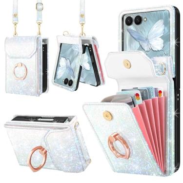 Imagem de Casewind Capa carteira para Samsung Galaxy Z Flip 7 com 5 porta-cartões, linda capa transversal de couro PU com glitter com suporte de anel de 360° e alça de pulso, capa de telefone feminina fina à