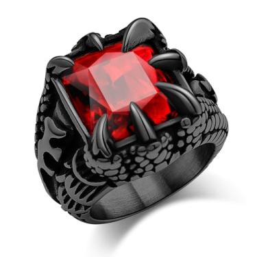 Imagem de Hoyazvet Anel masculino de aço inoxidável com garra de dragão - estilo motociclista gótico com acabamento em ouro preto/18K, pedra preciosa vermelha/preta, joia punk com sinete de pedra de cristal