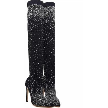 Imagem de Botas De Meia De Coxa, Botas De Salto Alto Acima Do Joelho Para Mulheres, Meias De Malha Elástica, Botas De Tornozelo Sexy E Brilhantes, Estiletes De Dança De Festa De Natal, 001, 5.5 UK