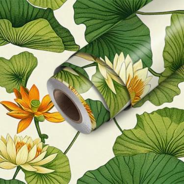 Imagem de HOMETITUTE Papel de parede de lótus verde branco descascar e colar padrão floral botânico papel de parede bastão de papel de parede 300 cm x 45 cm cobertura de parede de vinil autoadesivo para