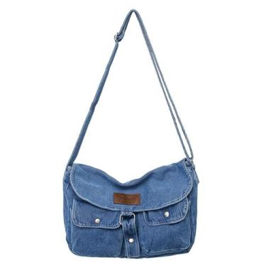 Imagem de Bolsa de ombro mensageiro jeans, bolsa de ombro azul Jean Hobo, bolsa tiracolo grande jeans retrô para mulheres e homens 2024, B - azul claro, One Size