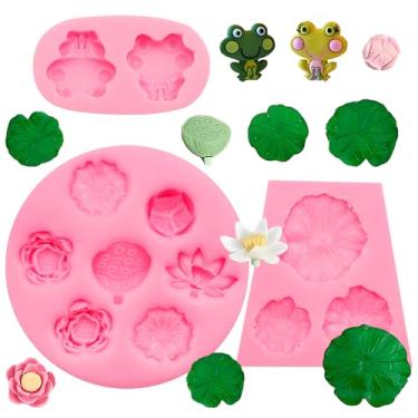 Imagem de Molde de fondant de sapo de lótus, 3 peças, molde de silicone em forma de folha de lótus para decoração de bolo de chocolate, topo de cupcake de doces, artesanato de argila de polímero, resina epóxi
