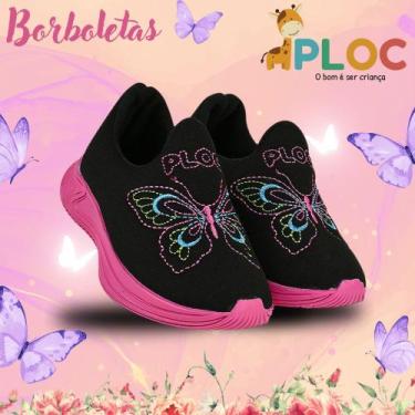 Imagem de Tênis infantil Ploc Borboletas - Jogging Menina Anatômico, Preto, 33