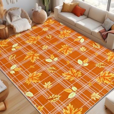 Imagem de ASPMIZ Tapetes de outono 12 x 18 cm, tapete xadrez para sala de estar, tapete lavável com folhas de bordo, laranja para sala de estar, antiderrapante, tapete de lã sintética macia para entrada