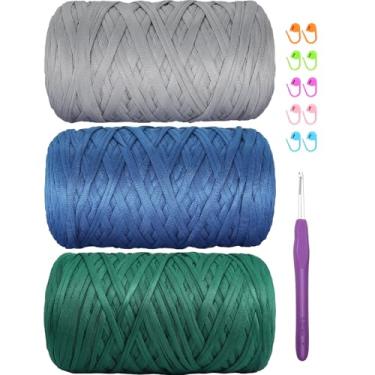 Imagem de Camiseta de 400 g de tecido elástico de crochê para tricô DIY, fio de crochê grosso espaguete para mão, bolsa faça você mesmo, cesta de almofada, projetos de crochê, decoração de casa azul + verde +