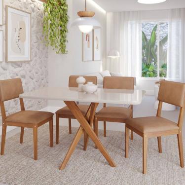 Imagem de Conjunto Sala de Jantar Cacau com Vidro e 4 Cadeiras Sabiá Madeira/ Offwhite /Kaki