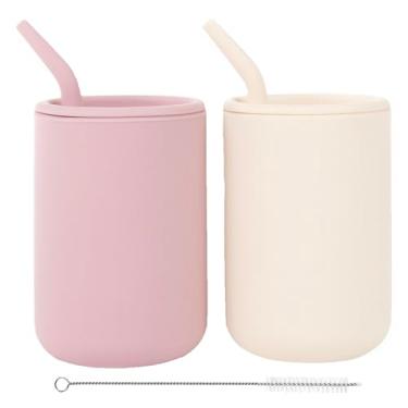 Imagem de WeeSprout Copos de silicone para bebês com canudos e tampas, opções de 4 e 227 g, conjunto de 2, recipiente de treinamento infantil de grau alimentício, rolhas de palha embutidas, marcações de medição