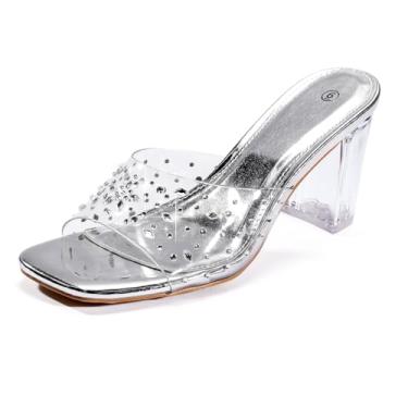 Imagem de Shion ShaaYii Sandálias femininas transparentes de salto quadrado, salto grosso, tiras de strass transparentes, para mulheres, encontros, encontros, tamanho padrão de 7 cm, Prata + strass, 36