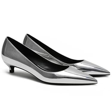 Imagem de MOOMMO Sapatos femininos de salto baixo com bico fino de cetim sem cadarço, salto baixo, 2,5 cm, confortável, clássico, diário, escritório, noite, festa, casamento, 4-13 M EUA, Prata envernizada., 6