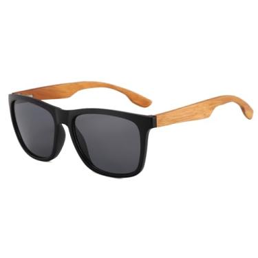 Imagem de Long Keeper Óculos de sol clássicos de madeira para homens e mulheres, retrô, preto, braços de madeira, espelhados, óculos de sol UV400 escuros, Armação preta - Lente cinza escuro
