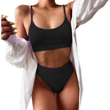 Imagem de Maiôs De Biquíni De Cintura Alta Mulheres Push Up Swimwear Cinta Com Nervuras Terno Biquini Brazili Biquíni Beachwear, Black, M