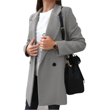 Imagem de Casaco De Lã Feminino Inverno Elegante Gola Entalhada Trespassado Mistura De Lã Sobre Casaco De Ervilha De Cor Sólida, Gray, XXL