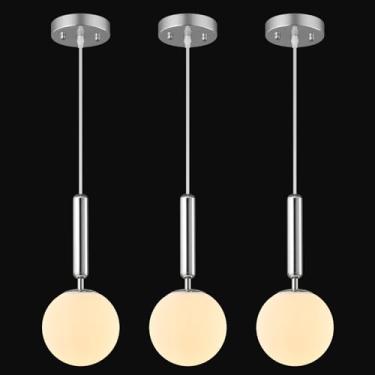 Imagem de FDPBY Luminária suspensa moderna para ilha de cozinha, luzes pendentes cromadas de meados do século com globo de vidro branco leitoso para entrada de quarto e banheiro (pacote com 3)