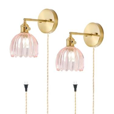 Imagem de Conjunto de 2 arandelas de parede com plugue, arandela vintage com abajur de vidro rosa tulipa, arandela de parede ajustável de 180° com interruptor e cabo de plugue da lâmpada de parede, conjunto de