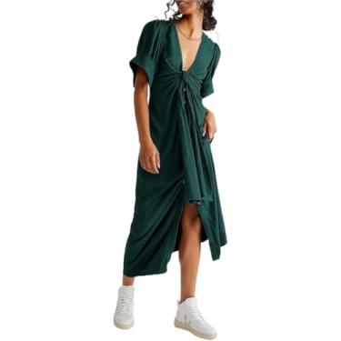 Imagem de Mulheres Vestido Casual Botões Manga Curta Dividir Verão Vestidos Longos Baggy Cor Sólida Decote V, Dark Green, M