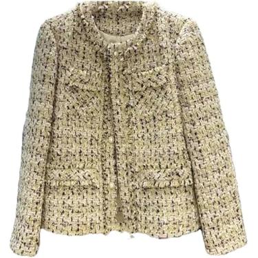 Imagem de Tweed Xadrez Jaqueta Elegante E Elegante O-neck Manga Comprida Single-breasted Algodão Feminino, Lining1, XL