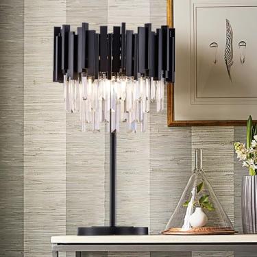 Imagem de Wellmet Candeeiro de mesa de cristal preto, 3 lâmpadas de mesa para quarto, luminária de cabeceira preta para sala de estar, luminária de mesa decorativa pequena para sala de leitura, base de metal