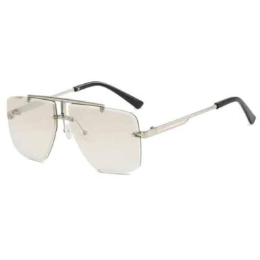 Imagem de Óculos de sol sem aro masculinos, retrô, da moda, para mulheres, com armação de metal e ponte dupla, óculos de sol para dirigir, proteção UV400 (prata e prata)