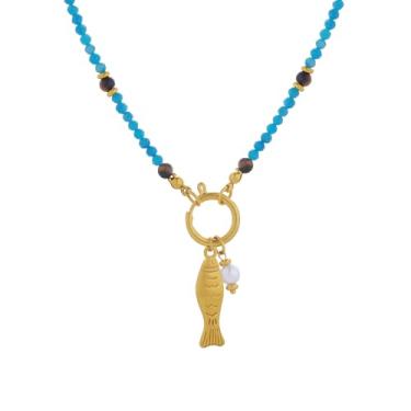 Imagem de Z ZACHÉ Colar feminino boho de peixe banhado a ouro 14 k, pingente de peixe com contas azuis, colares gargantilha de verão, praia, litoral, joia de ouro para mulheres presentes, Medium, Aço inoxidável