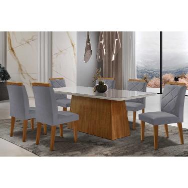 Imagem de Sala de Jantar Completa Luna Tampo Madeirado c/ Vidro Curvo 180x90 e 6 Cadeiras Melissa Capuccino/Suede Grafite - Rufato
