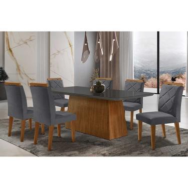 Imagem de Sala de Jantar Completa Luna Tampo Madeirado c/ Vidro Curvo 180x90 e 6 Cadeiras Melissa Capuccino/Suede Grafite - Rufato