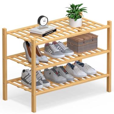 Imagem de Haddockway Grande organizador de armazenamento de sapatos de bambu de 3 níveis, prateleira empilhável multifuncional com painel de grade para armário, corredor, entrada, espaço pequeno 68,5 x 30,5 x