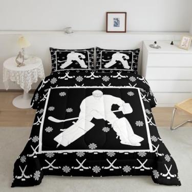 Imagem de Erosebridal Jogo de cama solteiro para meninos e adolescentes, preto e branco, para amantes de hóquei, jogos de esportes de inverno, edredom romântico de floco de neve, 2 peças