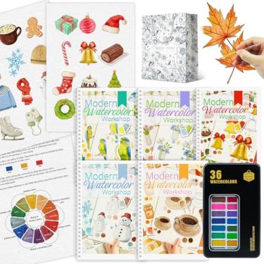 Imagem de 5 peças, livro de colorir em aquarela para iniciantes com 36 cores, cor de tinta com pincel, papel aquarela, kit de pintura em aquarela para iniciantes - Natal, inverno, pássaro, outono e buquê